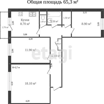 Квартира, 3 комнаты, 64.59 м