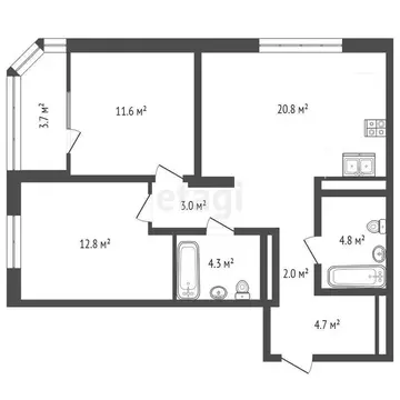 2-комнатная квартира: Тюмень, улица Эльвиры Федоровой, 1к1 (63.5 м)