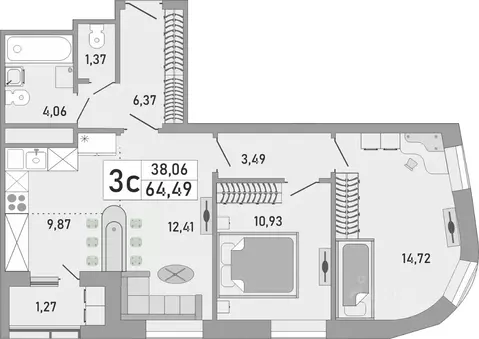 3-к кв. Башкортостан, Уфа Бакалинская ул., 9/1 (64.49 м)