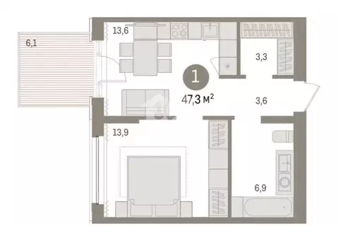 1-комнатная квартира: Краснообск, Центральная улица, 10 (47 м)
