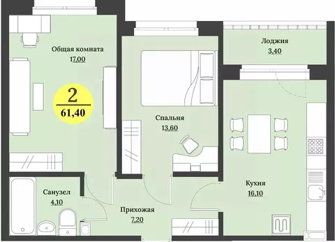 2-к кв. Ставропольский край, Ставрополь Лесная ул., 204 (61.4 м)