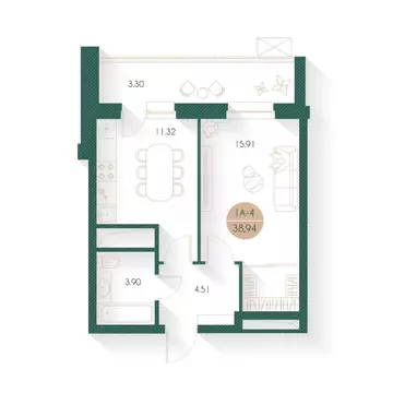 1-к кв. Татарстан, Казань Родины мкр, Наследие жилой комплекс (38.0 м)