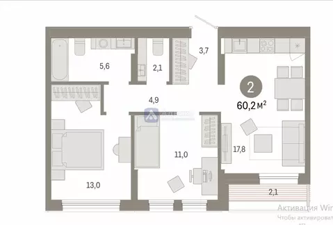 2-комнатная квартира: Тюмень, жилой комплекс Республики 205 (60.22 м)