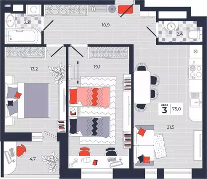 3-к кв. Тульская область, Тула ул. Академика Насоновой, 1А (75.0 м)