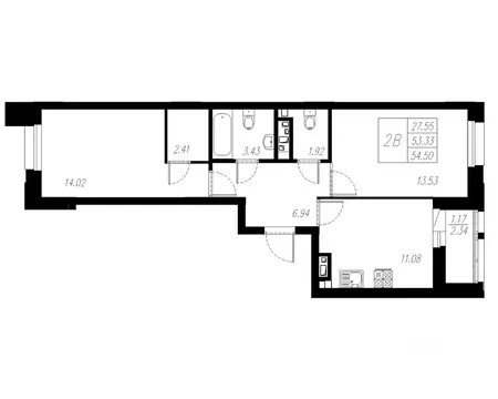 2-к кв. Татарстан, Казань Статный жилой комплекс, 2 (54.5 м)
