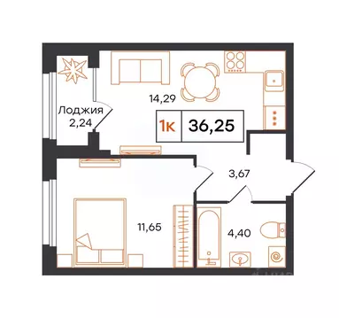 1-к кв. Тюменская область, Тюмень Полевая ул., 117к12 (36.25 м)