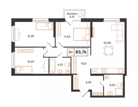 3-к кв. Тюменская область, Тюмень Фатера жилой комплекс (83.76 м)
