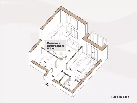 1-комнатная квартира: Тюмень, улица Республики, 204к17 (41.55 м)