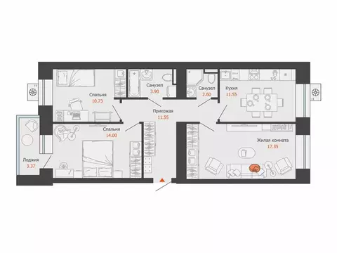 3-комнатная квартира: Первомайский, ЖК Икигай (73 м)