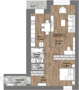 2-к кв. Ярославская область, Ярославль ул. Старая Костромская, 6 (66.1 ...