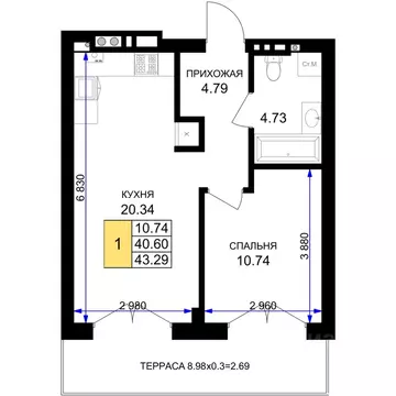 1-к кв. Калининградская область, Гурьевск Включи жилой комплекс (43.29 ...