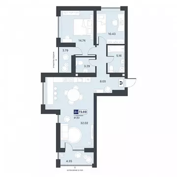 2-к кв. Тюменская область, Тюмень ДОК мкр, ул. Рылеева, 31 (73.69 м)