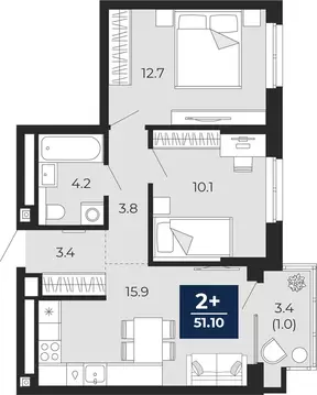 2-комнатная квартира: Тюмень, проезд Капитана Куликова, 5 (53.5 м)