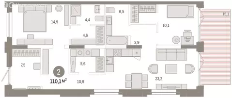 2-комнатная квартира: Тюмень, улица Республики, 205к2 (110 м)