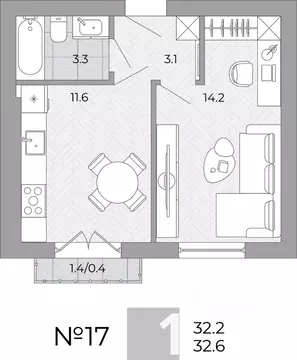 1-к кв. Калининградская область, Гурьевский муниципальный округ, пос. ...