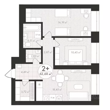 2-к кв. Башкортостан, Уфа Южный-2 мкр,  (62.68 м)