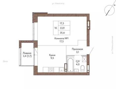 1-к кв. Алтайский край, Барнаул ул. Никитина, 1 (35.5 м)
