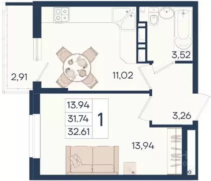 1-к кв. Краснодарский край, Краснодар  (32.61 м)