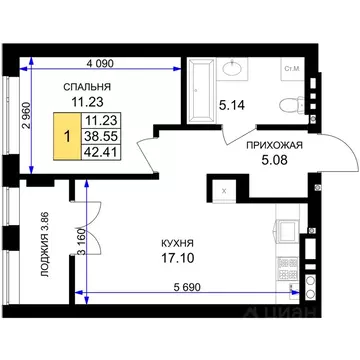 1-к кв. Калининградская область, Гурьевск Включи жилой комплекс (42.41 ...