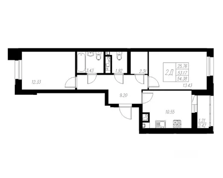 2-к кв. Татарстан, Казань Статный жилой комплекс, 1 (54.38 м)
