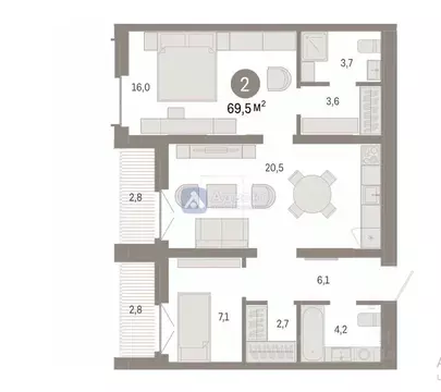 2-к кв. Тюменская область, Тюмень ул. Республики, 205к2 (69.47 м)