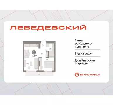 1-к кв. Новосибирская область, Новосибирск Лебедевский кв-л, 1/4 (41.8 ...