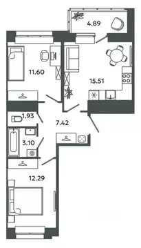 Квартира, 2 комнаты, 54.29 м