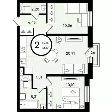 2-к кв. Тюменская область, Тюмень ул. Александра Звягина, 2 (56.1 м)