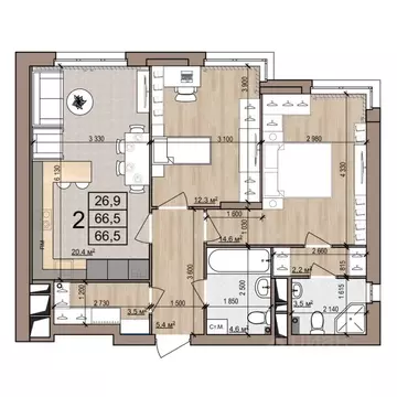 2-к кв. Рязанская область, Рязань ул. Новоселов, 33Б (66.5 м)