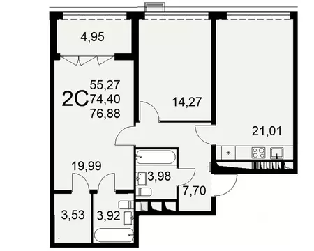 2-к кв. Тульская область, Тула ул. Федора Смирнова, 2 (76.88 м)