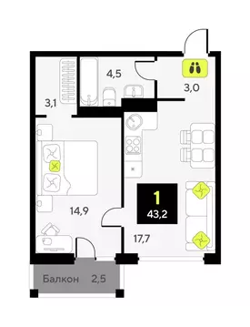 1-комнатная квартира: Тюмень, улица Разведчика Кузнецова, 9 (43.2 м)