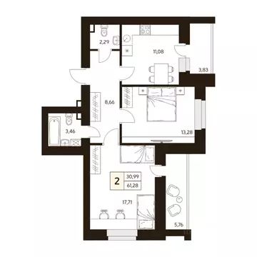 2-к кв. Башкортостан, Уфа ул. Жуковского, 19А (61.28 м)