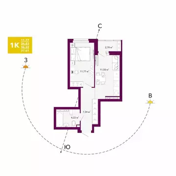 1-комнатная квартира: Екатеринбург, проспект Космонавтов, 103А (36.22 ...