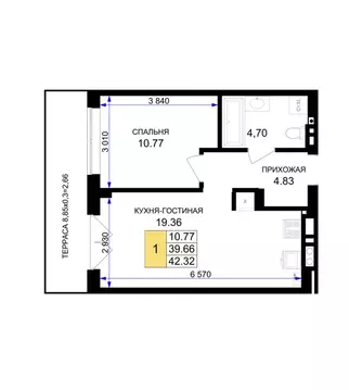 1-к кв. Калининградская область, Гурьевск Включи жилой комплекс (42.32 ...