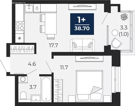 1-комнатная квартира: Тюмень, проезд Капитана Куликова, 7 (41 м)