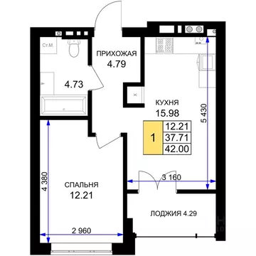 1-к кв. Калининградская область, Гурьевск Включи жилой комплекс (42.0 ...