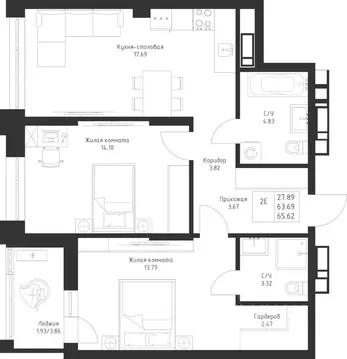 2-к кв. Татарстан, Казань Седьмое Небо жилрайон,  (65.62 м)
