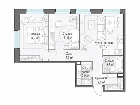 2-комнатная квартира: Мытищи, жилой комплекс Белый Grad, к11.3 (63.6 ...
