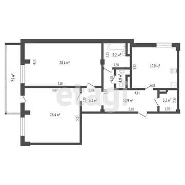 2-комнатная квартира: Тюмень, Комсомольская улица, 75 (99.1 м)