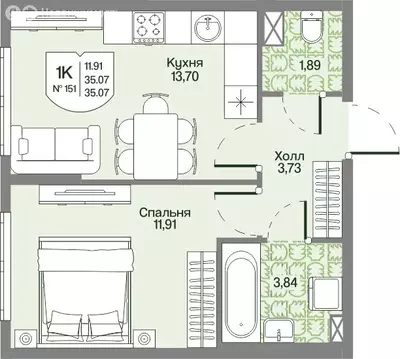 1-комнатная квартира: Мистолово, Малый проспект (35.07 м)