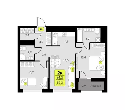 2-комнатная квартира: Тюмень, улица Первооткрывателей, 11 (62.2 м)