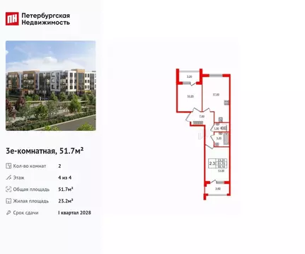 2-к кв. Санкт-Петербург пос. Шушары, Юнивер Сити жилой комплекс (51.7 ...