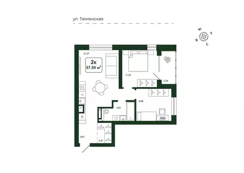 2-к кв. Тюменская область, Тюменский район, д. Дударева Родина-2 жилой ...