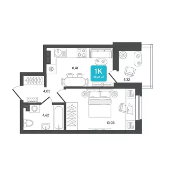 1-комнатная квартира: Дербыши, жилой комплекс Дабл-Дабл (38.43 м)