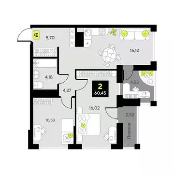 2-к кв. Тюменская область, Тюмень ул. Первооткрывателей, 11 (60.45 м)