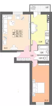 2-к кв. Смоленская область, Смоленск ул. 100-летия Комсомола, 1 (62.16 ...