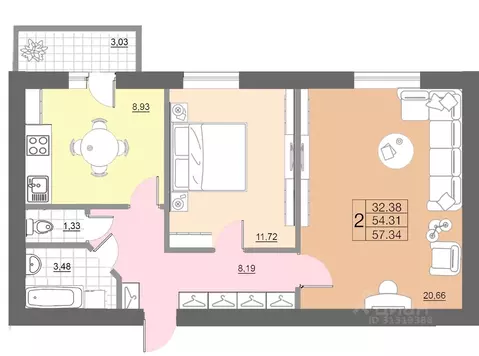 2-к кв. Смоленская область, Смоленск Лазурный жилой комплекс (57.4 м)