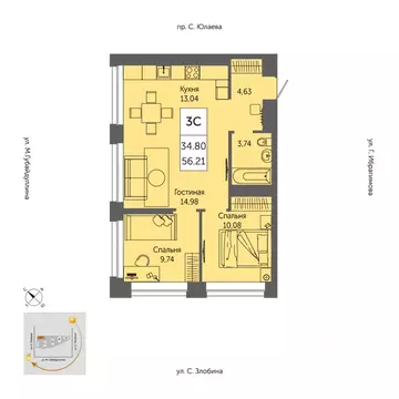 3-к кв. Башкортостан, Уфа ул. Художника Позднова, 13 (55.7 м)