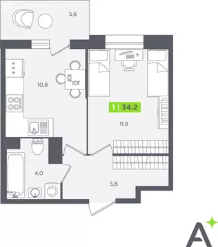 1-комнатная квартира: Кудрово, Солнечная улица, 10к2 (34.2 м)