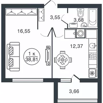 1-к кв. Тверская область, Тверь Бурашевское ш., 60 (38.81 м)